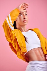 Hand, sweating and woman with fitness in studio for intense workout, fatigue and recovery on break....