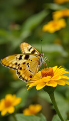Obraz premium A butterfly is sitting on a yellow flower