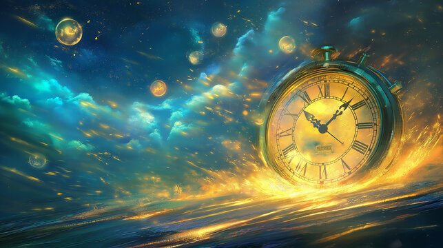 Time travel in the form of an analog clock rolling forward without turning back, Clock illustration with exploding stars at midnight, symbolizing new year celebration, A new beginning of the year.