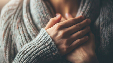Heart attack being nervous. Practicing self-compassion, self-care and mindfulness, emotional well-being, resilience, adaptation concept. Woman's hand resting gently on their chest
