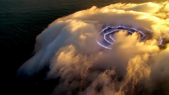 A dramatic lightning storm captured within dense cloud formations, creating a mesmerizing spiral of light in the sky.