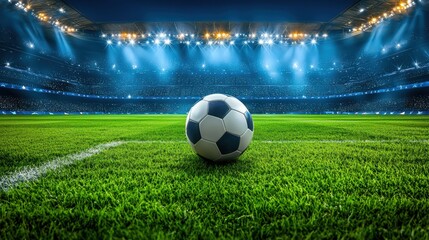 A vibrant soccer field under stadium lights, featuring a classic black and white soccer ball positioned on lush green grass.