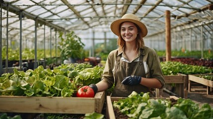 Obraz premium Smiling woman harvesting vegetables in greenhouse