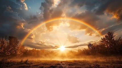 9 Rainbow arching across a cloudy sky after a rainstorm, colorful weather phenomenon