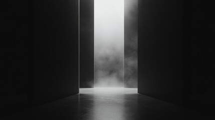 ethereal mist-filled space, dark atmospheric void, wispy smoke tendrils, subtle floor reflection, monochromatic palette, minimalist composition, high-contrast photography