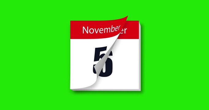 Calendar for November on green background flipping through days of month. Date change animation. Chroma key. 4k graphic motion