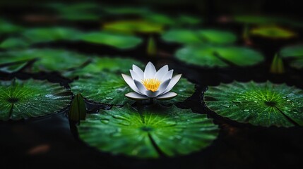 White Water Lily Flower Blooming on Green Lily Pads in Pond