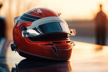 Fototapeta premium Red racing helmet with reflections at sunset