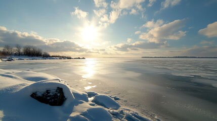 29 Drifting snow across a frozen lake, winter weather, cold and desolate