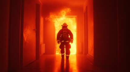 Fototapeta premium heroic firefighter rescue, intense flame engulfed doorway, billowing smoke, child carried to safety, yellow helmet gleaming, dramatic lighting, cinematic composition