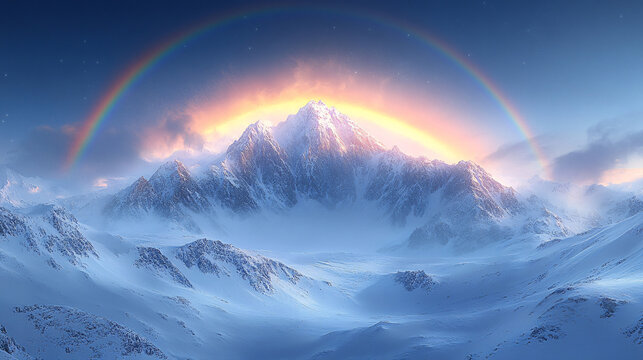 Winter, landscape and rainbow in Mountain forest with snow on trees in countryside, environment or woods. Sunshine, clouds or peace in nature with colors in sky like heaven