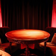 A round table illuminated by a red light against a black background in a cozy setting.