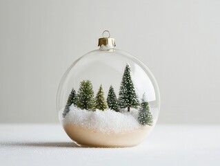 Miniature winter wonderland in glass bauble with snowy pine trees