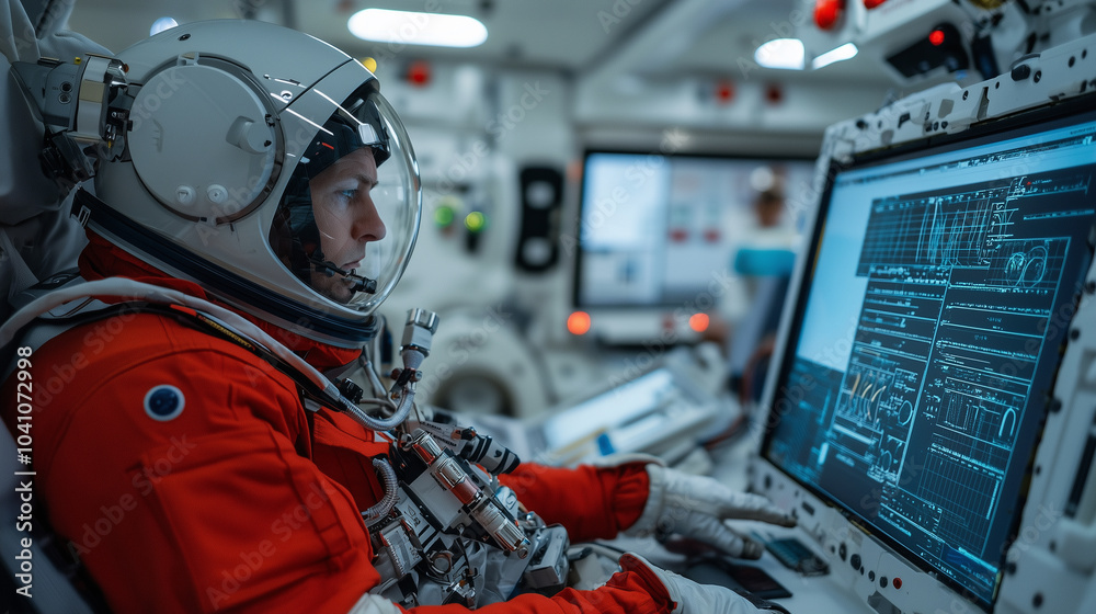 Poster Astronaut in red suit focused on computer screens, conducting experiments in spacecraft. environment is high tech and futuristic, showcasing space exploration