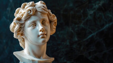 A radiant marble sculpture, polished to perfection, standing out against a deep, shadowy backdrop, symbolizing elegance and history