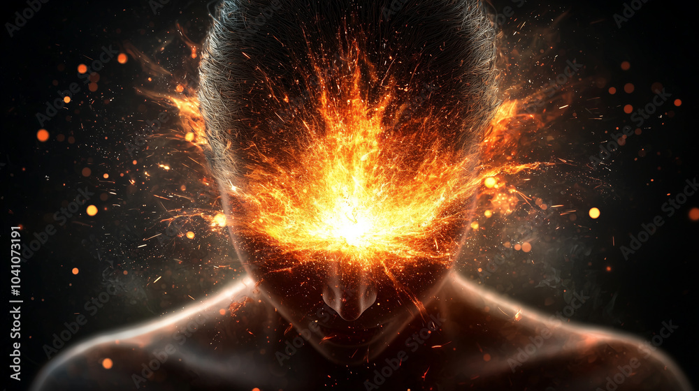 Poster This depicts powerful and intense visual of person with explosion of light and energy emanating from their head, symbolizing creativity or burst of ideas. dramatic effect evokes sense of