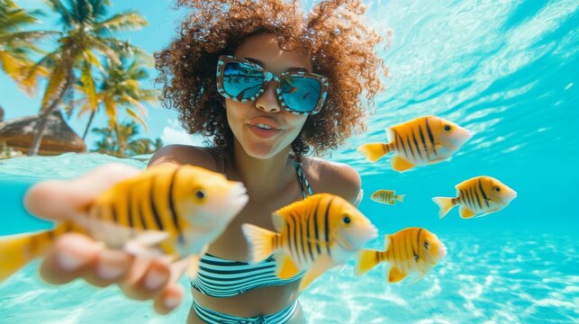 split-level underwater photography, woman feeding tropical fish, vibrant turquoise water, clear blue sky, palm tree coastline, curly-haired swimmer in striped swimsuit, sunglasses, school of