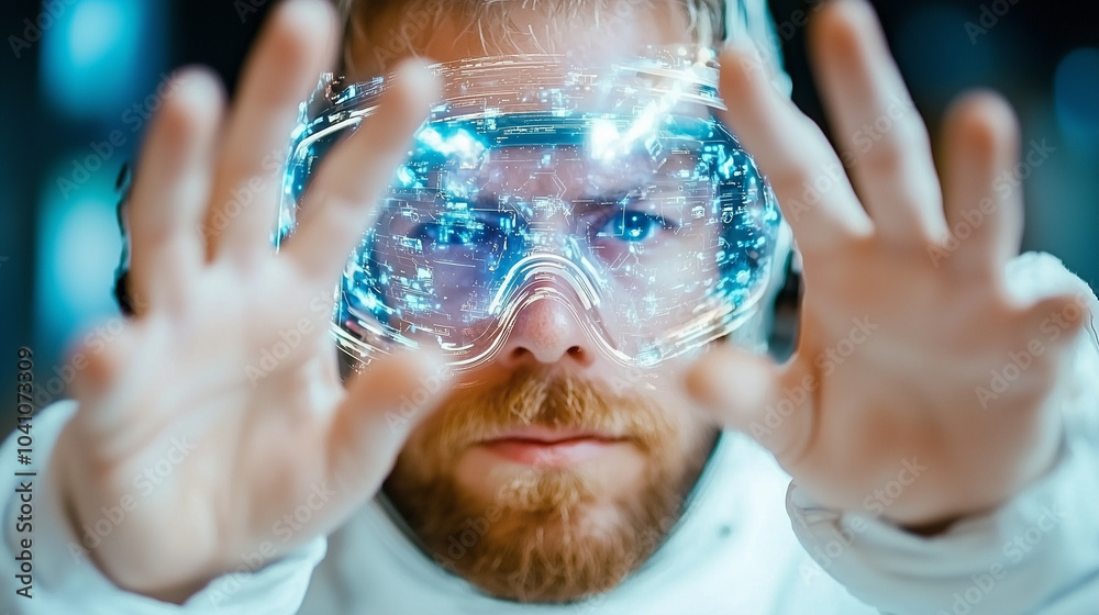Aufkleber Immersed in virtual reality experience, astronaut reaches out with both hands, showcasing advanced technology and focused expression. scene captures blend of space exploration and digital innovation