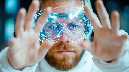 Immersed in virtual reality experience, astronaut reaches out with both hands, showcasing advanced technology and focused expression. scene captures blend of space exploration and digital innovation