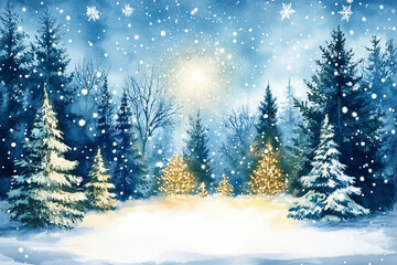 Watercolor Christmas Winter Forest with Snow and Stars, Vector Illustration for Commercial Web Poster