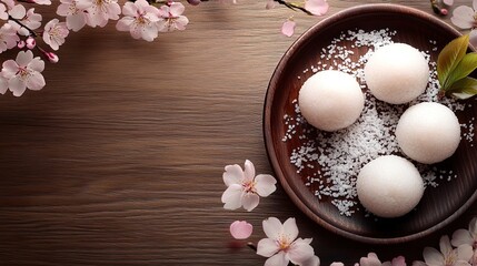 mochi rice flour Japanese dessert on wooden table with sakura cherry blossom leaf branch flower 
