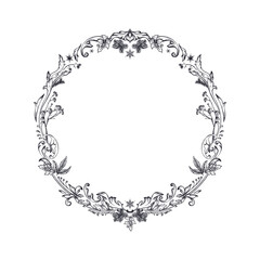 Vector round frame with hand drawn elements, flowers, plants for Christmas card in vintage style.