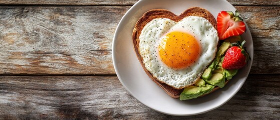 A beautifully arranged breakfast featuring a heart-shaped toast topped with a sunny-side-up egg, fresh avocado slices, and strawberries, perfect for Valentine's Day