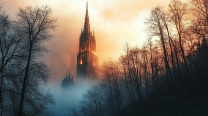 Fototapeta premium Old medieval cathedral: Ancient lakeside church tower, engulfed in fog behind. Halloween, horror, fairytale background concept. 