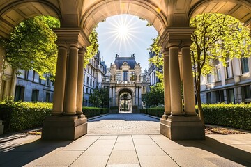 wide shot of the resplendent arched arches of trees and greenery leading to grand buildings