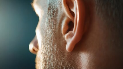 Naklejka premium Close-up of a man's ear, side profile, with blurred background.