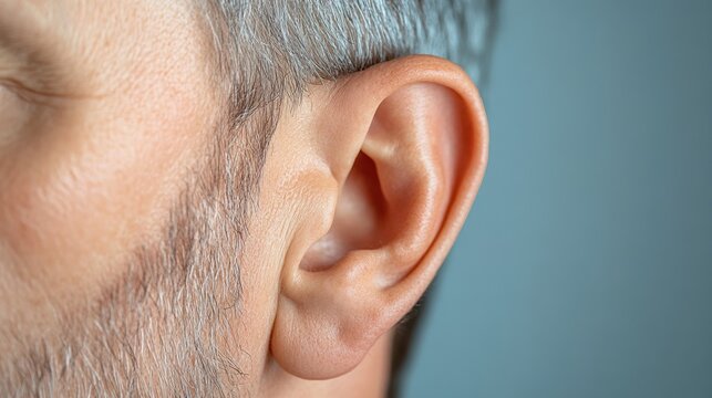Close-up of a man's ear, showcasing fine details and gray hair.