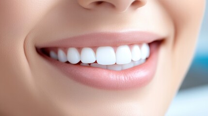 Fototapeta premium Close-up of a smiling woman showing her bright, healthy teeth on a soft background.