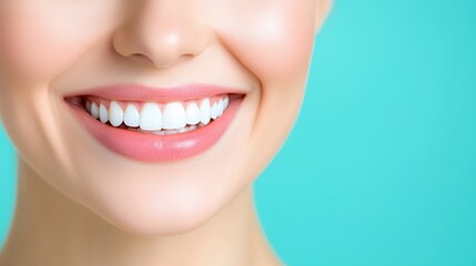 Fototapeta premium Close-up of a smiling woman with bright teeth against a turquoise background.