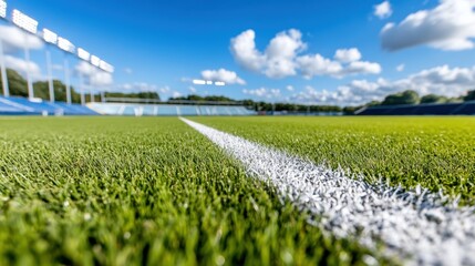 Close-up of a soccer field with vibrant green grass and white line under a blue sky.
