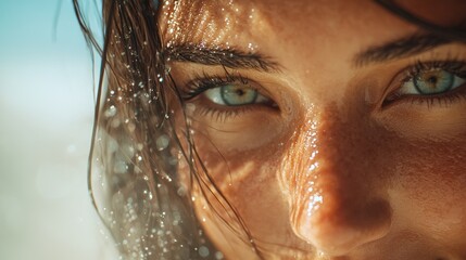 Close-up of a woman's face with captivating blue eyes and shimmering water droplets.