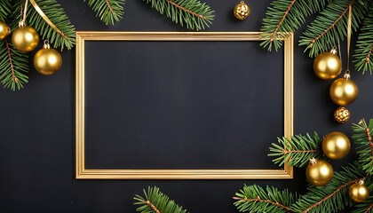 black Christmas matte background with golden frame, baubles fir branches and free space