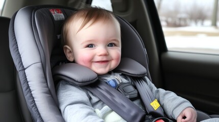 A joyful baby beams while seated in a gray car seat, representing happiness, security, and parental love during travel in a vehicle.