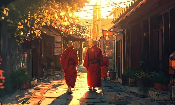Monks walking through sunlit alley in autumn illustration with ai generated.