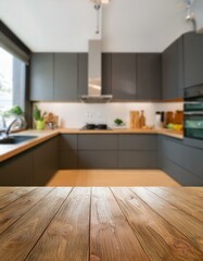 Wood table top on blur kitchen counter background, wallpaper, Empty beautiful wood table top counter and blur bokeh modern kitchen interior background, Wooden table top on blur kitchen counter backgro