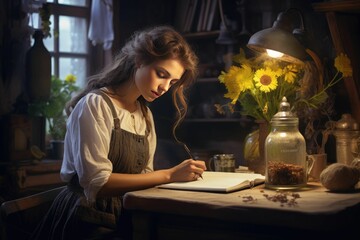 Woman writes in journal under lamplight.