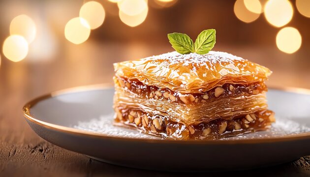 Layers of delicious baklava topped with mint leaf, on a plate, with a warm, blurred background.