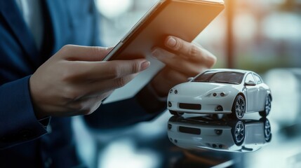 Businessman hand working with digital tablet computer with virtual innovation insurance online for car, travel, family and life, financial and health insurance. Online insurance concept.