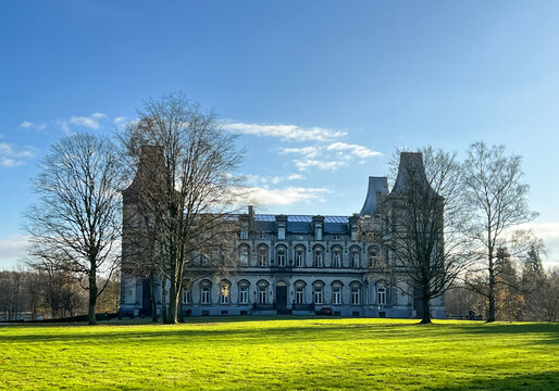 Historic mansion surrounded by lush green lawn and trees under a clear blue sky