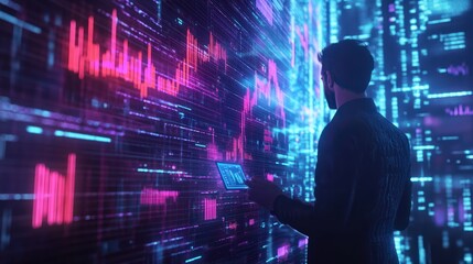 Businessman working with holographic dashboard analysing finance sales data, business growth graph chart and block chain technology.