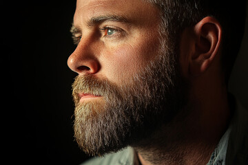 Obraz premium Profile shot of a man with a beard and a serious expression against a dark background