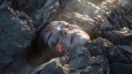 A serene face with glowing, cracked skin emerges from between rough, rocky surfaces, blending human and geological elements in a surreal and mystical scene.