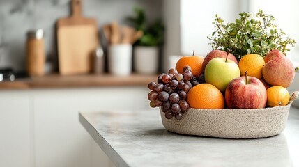 Basket of mixed fruits including apples, grapes, and oranges on a kitchen counter, cozy and fresh