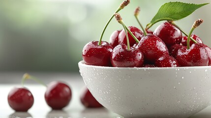 Cherries with water droplets arranged in a ceramic bowl, capturing the freshness of summer fruits