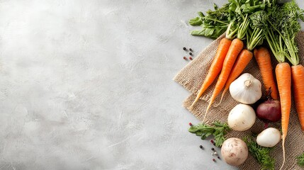 Creative flat lay of colorful root vegetables like beets and carrots on a burlap sack