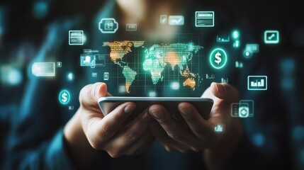 Digital Banking and Financial Technology Concept. A person presents digital banking and financial technology icons, and currency symbols, emphasizing modern online payment systems and e-commerce.